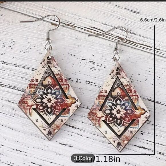 Flower dangle earrings rhombus retro ethnic wooden new e19 - Picture 3 of 3